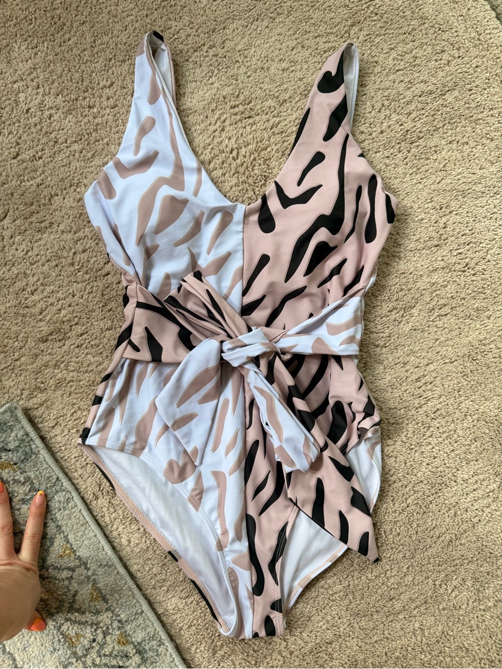 Pink Lily Colorblock Abstract Print Tie Waist One Piece Swim